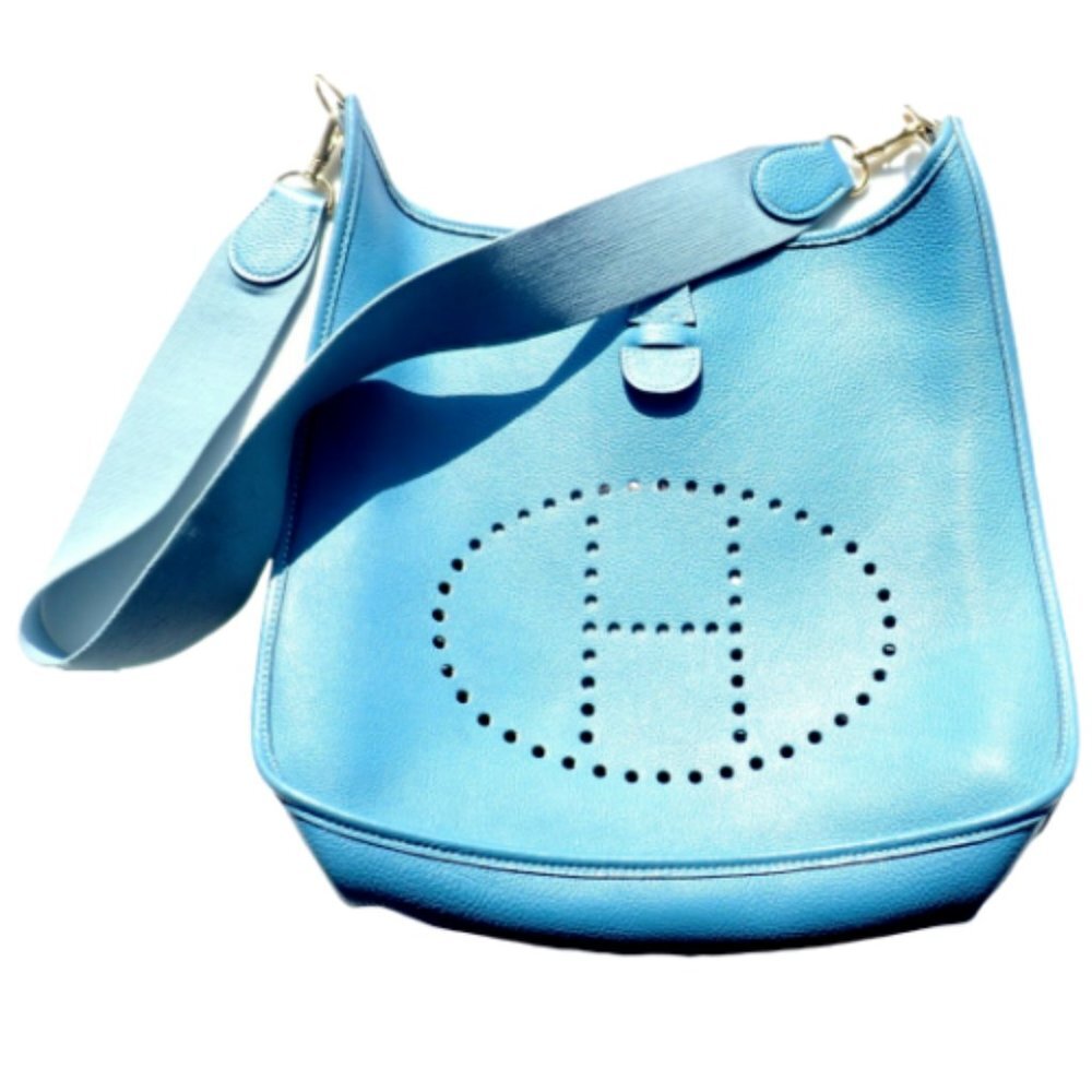 Authentic! Hermes Evelyne Blue Jean Courchevel GM Handbag Purse Gold Har…